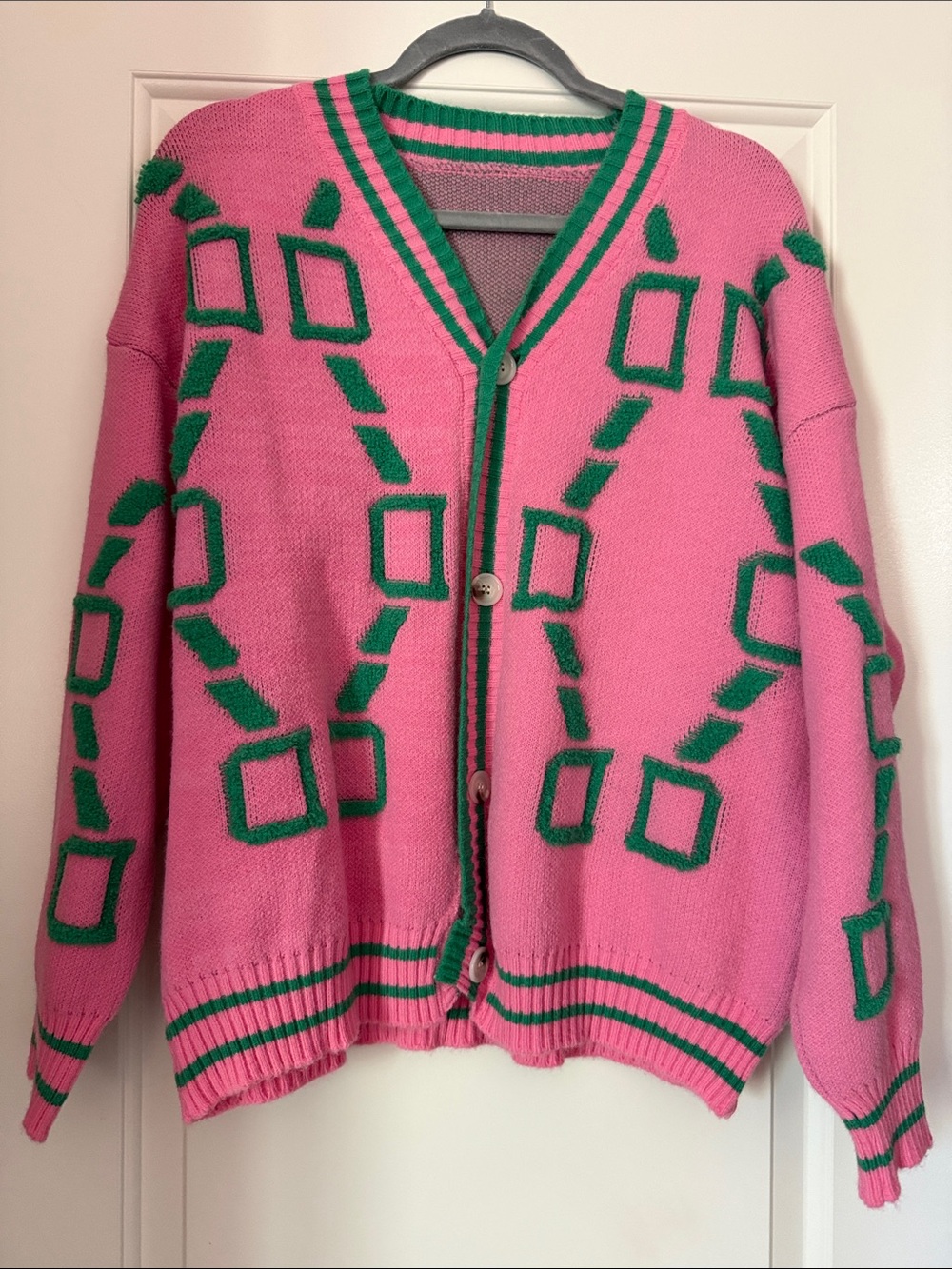 Pink & Green Patterned V‑Neck Cardigan Sweater